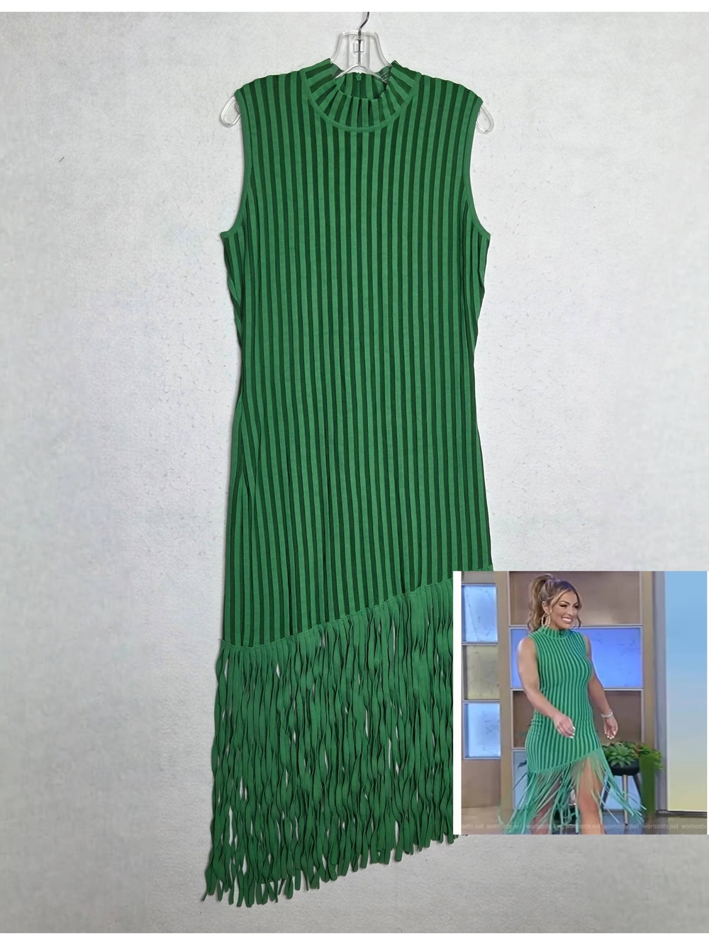 Ronny Kobo Kaipo Asymmetric Fringe Midi Knit Dress XL Sleeveless Green Bodycon